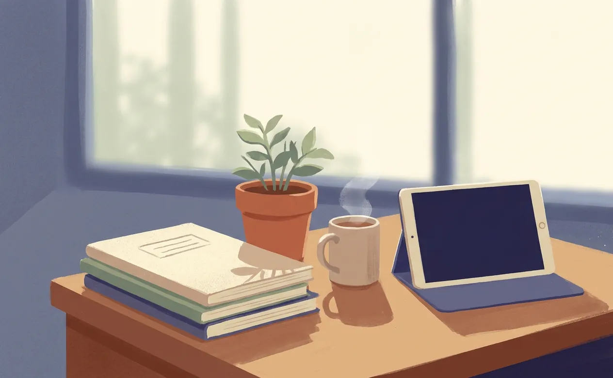 A teacher's desk in morning light: stacked lesson-plan notebooks, a mug, a small plant and a tablet.