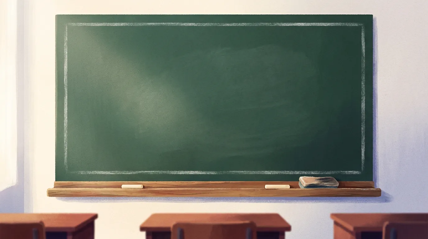 An empty classroom: a clean green chalkboard with a wooden tray holding two sticks of chalk and a felt eraser, daylight from the left, blurred desks in the foreground.
